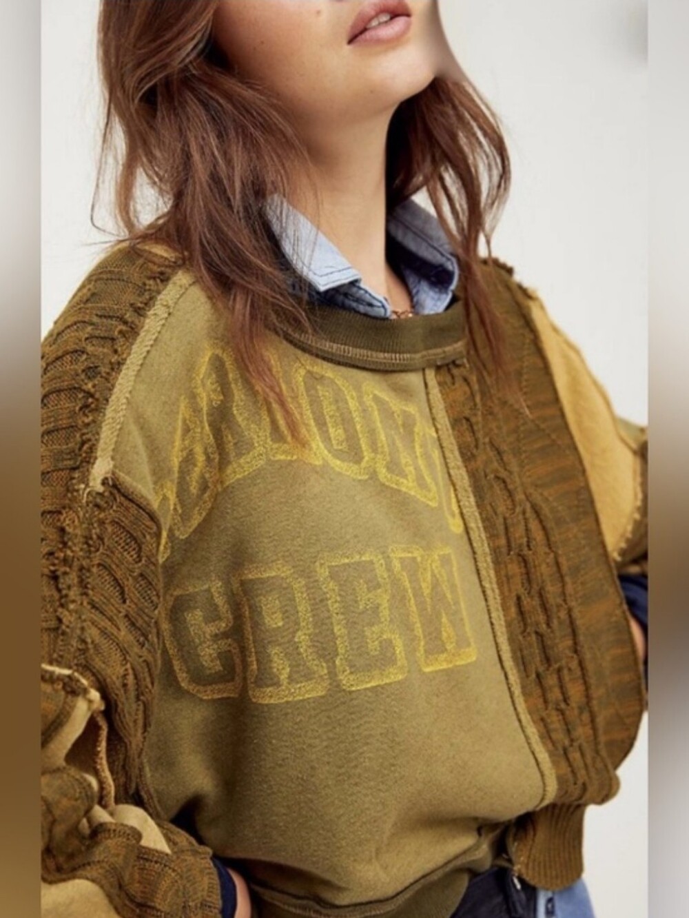 FREE PEOPLE Stateside Vermont Mixed Fabric Distressed Pullover Olive S RARE
